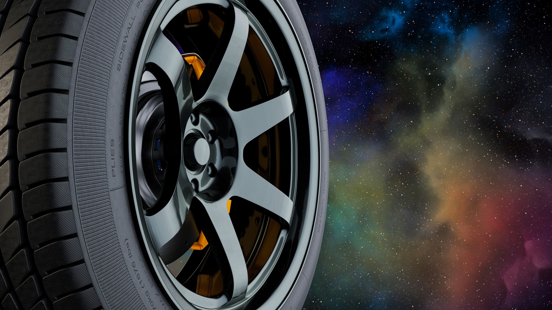 High-Performance Car Wheel with Cosmic Background  3D Rendering Illustration